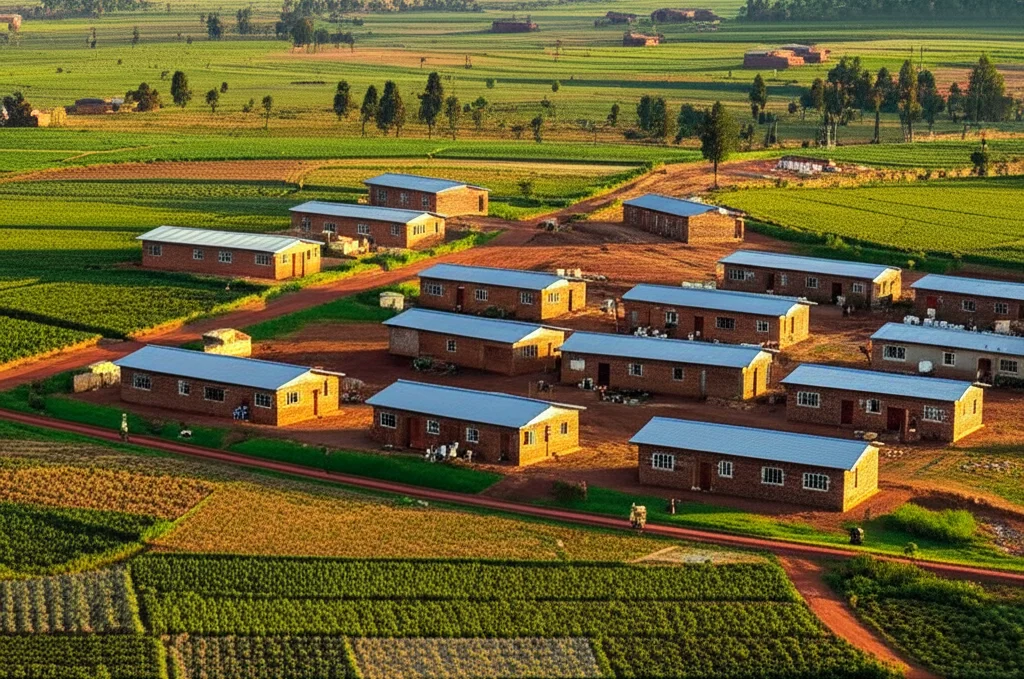 Vista aerea di un villaggio della riconciliazione in Ruanda, con case semplici disposte ordinatamente, campi coltivati circostanti e persone che interagiscono negli spazi comuni. Obiettivo grandangolare 20mm, luce del tardo pomeriggio che crea lunghe ombre, atmosfera di pace e operosità.