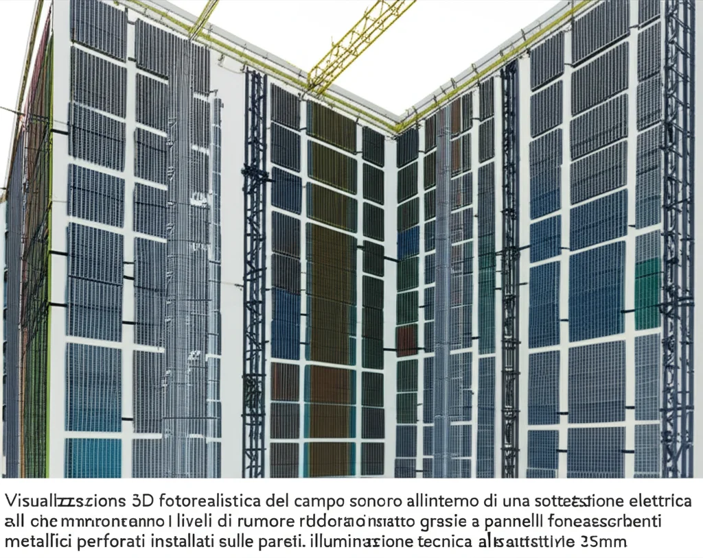 Visualizzazione 3D fotorealistica del campo sonoro all'interno di una sottostazione elettrica, con colori che rappresentano i livelli di rumore ridotti grazie a pannelli fonoassorbenti metallici perforati installati sulle pareti, illuminazione tecnica, alta definizione, obiettivo 35mm.