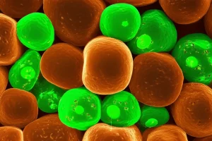 Visualizzazione 3D fotorealistica di cellule del cancro al colon-retto al microscopio elettronico, con evidenziazione della proteina FOXO1 (magari con un colore fluorescente) localizzata principalmente nel citoplasma invece che nel nucleo nelle cellule tumorali rispetto a quelle normali. Lente macro 100mm, alta definizione, illuminazione drammatica.