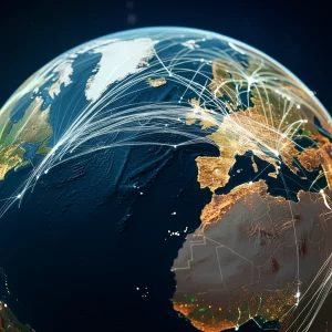 A global map showing interconnected data points representing pathogen genomic data sharing, wide-angle landscape, 24mm, sharp focus