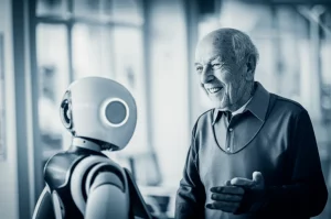 Fotografia stile ritratto di un anziano sorridente che interagisce con un robot di servizio dall'aspetto amichevole in una casa di riposo luminosa. Obiettivo prime 35mm, profondità di campo accentuata, toni duotone blu e grigio per un'atmosfera calma e tecnologica.