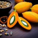 Frutti interi e aperti di Saba senegalensis disposti artisticamente su una superficie di legno scuro, accanto a ciotole contenenti i semi essiccati e le bucce macinate. Fotografia still life di cibo, lente macro 90mm, illuminazione laterale drammatica per evidenziare le texture, alta definizione, colori vibranti del frutto contrastanti con i toni terrosi dei sottoprodotti.