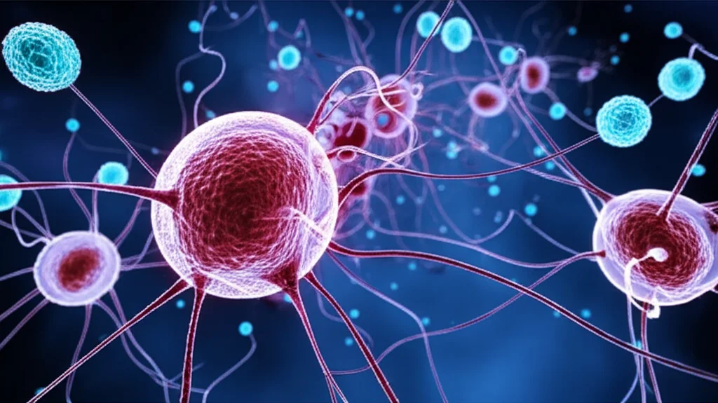 Immagine concettuale fotorealistica del cervello umano a livello cellulare, obiettivo macro 85mm, profondità di campo ridotta. Neuroni e astrociti interagiscono, con goccioline lipidiche visibili e molecole di Clusterina (CLU) stilizzate che mediano la comunicazione. Sfondo leggermente sfocato con accenni a placche amiloidi, evocando il contesto dell'Alzheimer. Illuminazione drammatica, high detail.