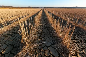 Immagine fotorealistica di un campo agricolo nella Slovacchia orientale che soffre per una grave siccità, con il terreno crepato e le piante avvizzite. Lente grandangolare 10-24mm, luce del tardo pomeriggio che accentua le ombre e la desolazione, messa a fuoco nitida sull'aridità.