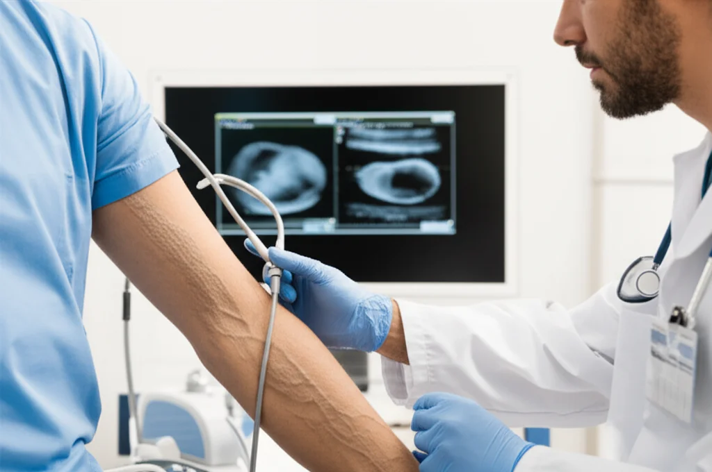 Primo piano di un medico che esegue un'ecografia sull'arto gonfio di un paziente con linfedema, lo schermo dell'ecografo mostra immagini del tessuto sottocutaneo con diversi pattern di ecogenicità. Fotografia stile ritratto, obiettivo 35mm, profondità di campo per mettere a fuoco la sonda e lo schermo, luce soffusa da studio.