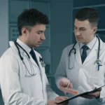 Un medico e un infermiere in camice bianco discutono animatamente ma in modo costruttivo su un documento legale in uno studio medico moderno e luminoso, con sullo sfondo attrezzature mediche high-tech. Luce naturale che entra da una grande finestra. Obiettivo prime 35mm, effetto duotone blu e grigio per un look contemporaneo e professionale.