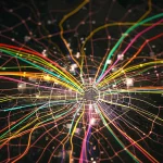 A detailed photorealistic image (24mm lens, high detail) showing a stylized map of Madrid overlaid with abstract, colored functional data curves representing pollution levels at different monitoring stations, with a subtle bokeh effect in the background.