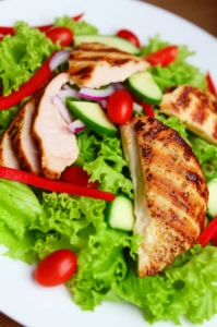A vibrant plate of healthy food, like a salad with grilled chicken or fish, captured with a 100mm Macro lens. High detail, precise focusing, and controlled lighting to emphasize freshness and quality.