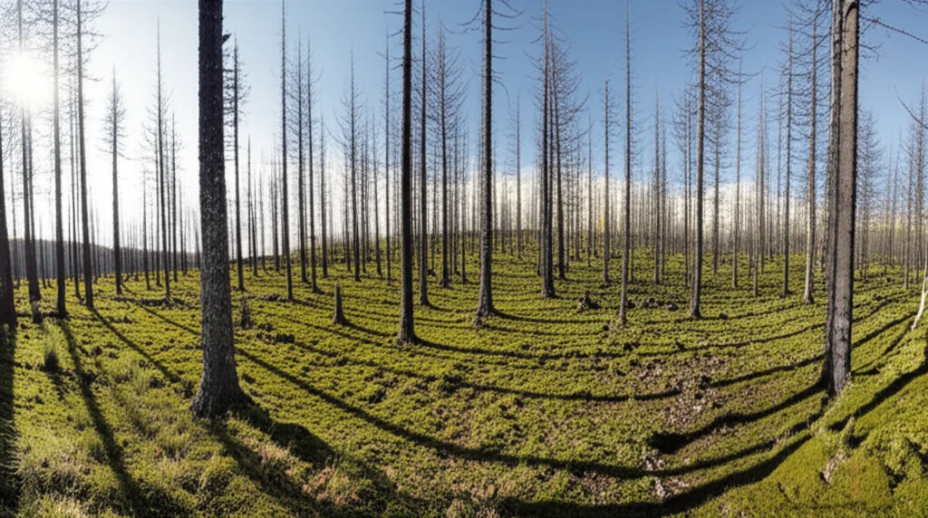 Foresta di pino silvestre in fase di ricrescita 15 anni dopo un incendio, con un mix di giovani betulle dominanti e alcuni pini, faggi e abeti rossi che iniziano a ristabilirsi. Il terreno mostra una varietà di condizioni, da zone umide e muschiose a pendii più aridi. Landscape wide angle, 10mm, sharp focus, luce diffusa.