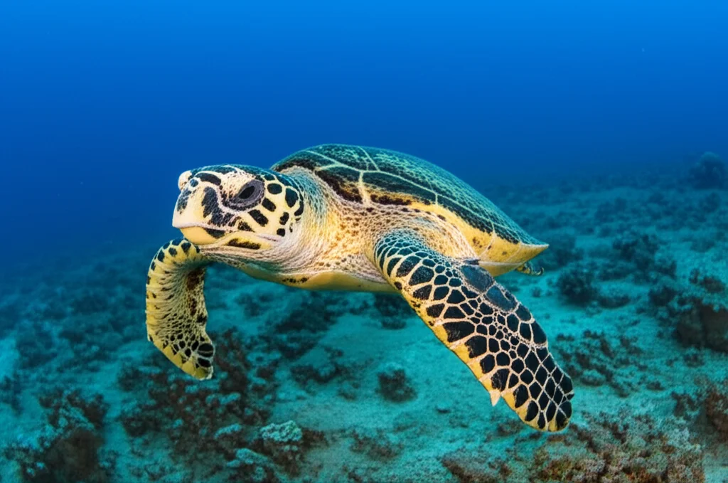 Fotografia naturalistica di una tartaruga embricata adulta che nuota maestosamente in un reef corallino poco profondo e illuminato dal sole nell'arcipelago delle Bijagós, Guinea-Bissau. Lente teleobiettivo zoom 200mm, scatto veloce per congelare il movimento, colori vividi del corallo e della tartaruga, alta definizione.