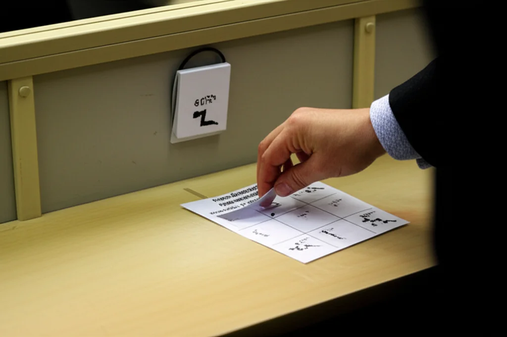 Fotografia realistica di una cabina elettorale stilizzata, vista dall'interno. La mano di un elettore esita sopra una scheda elettorale lunghissima e complessa, piena di simboli di partito piccoli e numerosi. Luce soffusa, effetto profondità di campo che sfoca leggermente i simboli più lontani. Obiettivo prime 50mm, atmosfera pensosa.