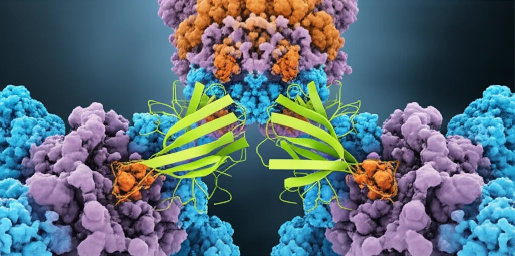 Illustrazione concettuale di due molecole anticorpali (atezolizumab e tiragolumab) che interagiscono con una cellula T e una cellula tumorale, evidenziando il meccanismo dell'immunoterapia combinata e il potenziale per reazioni avverse. Macro lens, 100mm, high detail, precise focusing, sfondo scuro per enfatizzare le molecole.