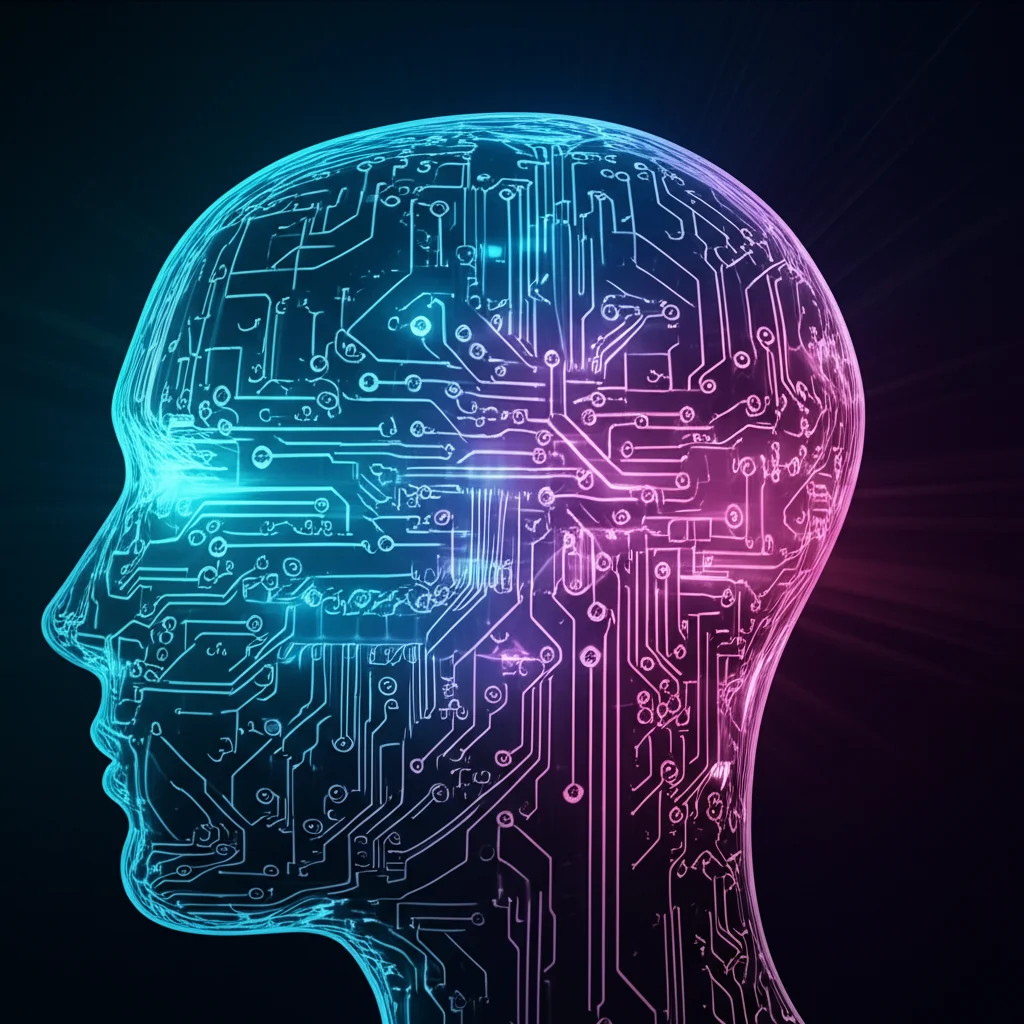 Immagine concettuale fotorealistica di un cervello umano stilizzato, composto da circuiti luminosi, connesso a una complessa rete di interazioni genetiche rappresentate da filamenti di luce colorata su sfondo scuro, simboleggiando la scoperta di meccanismi di malattia tramite IA. Prime lens, 35mm, depth of field, duotone ciano e magenta.