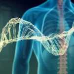 Immagine fotorealistica astratta che rappresenta la predizione del rischio di ernia discale: una doppia elica di DNA luminosa si intreccia con connessioni simili a reti neurali (simbolo dell'IA), sovrapposta a un'immagine sfocata di una risonanza magnetica della colonna lombare umana sullo sfondo. Stile: Macro lens, 85mm, alta definizione, messa a fuoco precisa sull'intersezione DNA-IA, illuminazione controllata con toni blu freddi e verdi tenui, profondità di campo che sfoca leggermente la spina dorsale.