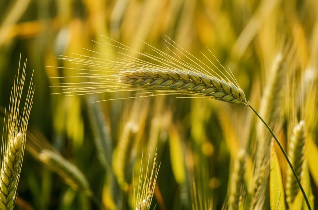 Immagine fotorealistica di una spiga di grano sano (varietà Xingzi 9104) in primo piano che contrasta con foglie infette da ruggine gialla sullo sfondo sfocato, macro lens 85mm, alta definizione, luce naturale morbida, gocce di rugiada sulle ariste.
