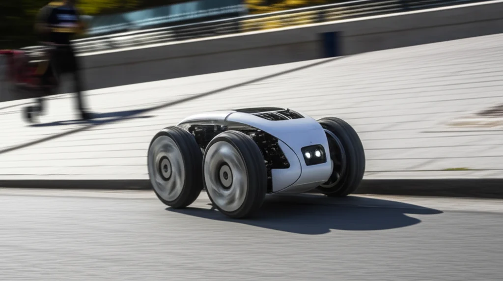 Immagine fotorealistica, obiettivo primario 35mm, di un robot futuristico a due ruote equipaggiato con ruote trasformabili RWD-DOF, mentre naviga dinamicamente un complesso percorso ad ostacoli urbano con gradini e rampe. Le ruote sono a metà trasformazione, mostrando il loro design segmentato. Luce diurna intensa, leggermente nuvolosa. Scatto d'azione con un senso di movimento, profondità di campo che sfoca leggermente lo sfondo per enfatizzare il robot.