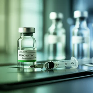 Lence Prime, 50 mm, profondità di campo, duotone (verde acqua e ambra), un colpo ravvicinato di una fiala di denosumab e siringa su un vassoio medico sterile, con un background offuscato di un ambiente di laboratorio di ricerca, suggerendo l'innovazione medica e il trattamento per il cancro al seno.