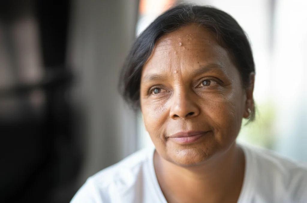 Photorealistic portrait, 35mm lens, shallow depth of field, of a person reflecting on their journey with HIV, conveying resilience and hope after advanced disease diagnosis.