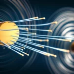 Rappresentazione artistica 3D di spin elettronici che si allineano e precessano in un campo magnetico, con scie luminose che indicano il loro movimento dinamico, stile cinematografico con profondità di campo, obiettivo prime 35mm, colori duotone blu e oro per un effetto high-tech.