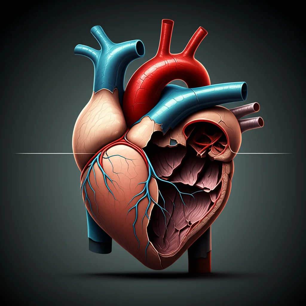 Un cuore anatomico stilizzato, diviso a metà da una linea sottile. Una metà, rappresentante gli uomini, è illuminata brillantemente e appare integra. L'altra metà, rappresentante le donne, è leggermente più in ombra e mostra delle piccole crepe simboliche, a significare le disparità nell'aderenza alle linee guida per la coronarografia. Fotografia concettuale, obiettivo macro 60mm, illuminazione laterale per creare contrasto e profondità, su sfondo neutro grigio scuro.