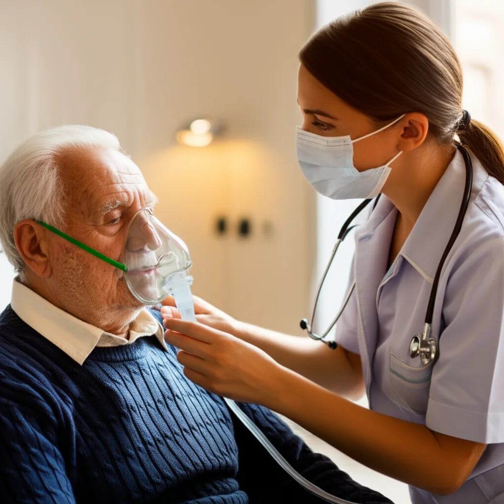 Un paziente anziano in un ambiente di cure palliative utilizza un nebulizzatore, assistito da un'infermiera compassionevole. Luce morbida e calda. Obiettivo prime 50mm, profondità di campo.