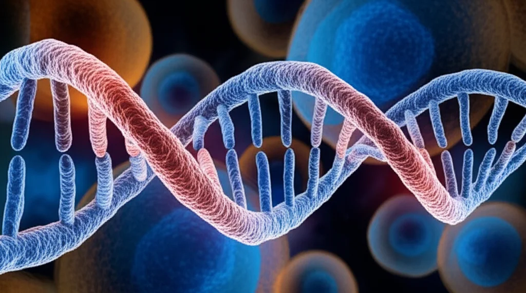 Visualizzazione artistica di una doppia elica di DNA con segmenti evidenziati in rosso e blu che rappresentano i geni BRCA1 e BRCA2, su uno sfondo scuro e dettagliato di cellule umane al microscopio, macro lens, 90mm, alta definizione, illuminazione drammatica laterale, colori blu e oro duotone.