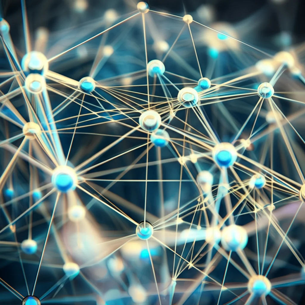 Visualizzazione artistica di una rete neurale complessa con cluster di nodi luminosi che rappresentano comunità identificate, con un effetto di profondità di campo. Obiettivo prime 35mm, duotone blu e oro per un look moderno e tecnologico.
