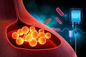 Visualizzazione concettuale astratta che mostra molecole di procalcitonina (sfere luminose) che si accumulano intorno a un nefrone renale stilizzato e danneggiato, su uno sfondo scuro che rappresenta il flusso sanguigno in terapia intensiva, con elementi grafici che richiamano la sepsi (batteri stilizzati) e la CKRT (linee ondulate che simulano la dialisi), illuminazione drammatica high-tech, stile fotorealistico con dettagli molecolari elevati.