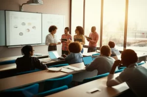 Foto realistica di un'aula universitaria moderna e dinamica. Studenti collaborano in piccoli gruppi usando tablet e lavagne interattive, un insegnante facilita la discussione. Luce naturale brillante, obiettivo 24mm per catturare l'ambiente vivace, colori caldi e accoglienti.