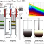 Fotomontaggio realistico di un dispositivo Liquid Burgers Cascade (LBC) da laboratorio. Si vede una struttura compatta fatta di strati metallici (alluminio lucido) e plastici (POM bianco/nero), con tubicini per l'ingresso e le uscite multiple del fluido. Accanto, un bicchiere con acqua di mare torbida (feedwater) e due bicchieri risultato: uno con acqua limpida (dissalata) e uno con acqua più scura e densa (salamoia concentrata). Sullo sfondo, grafici stilizzati mostrano gradienti di temperatura e concentrazione. Obiettivo macro 100mm, alta definizione, illuminazione da studio controllata per enfatizzare i materiali e i liquidi.