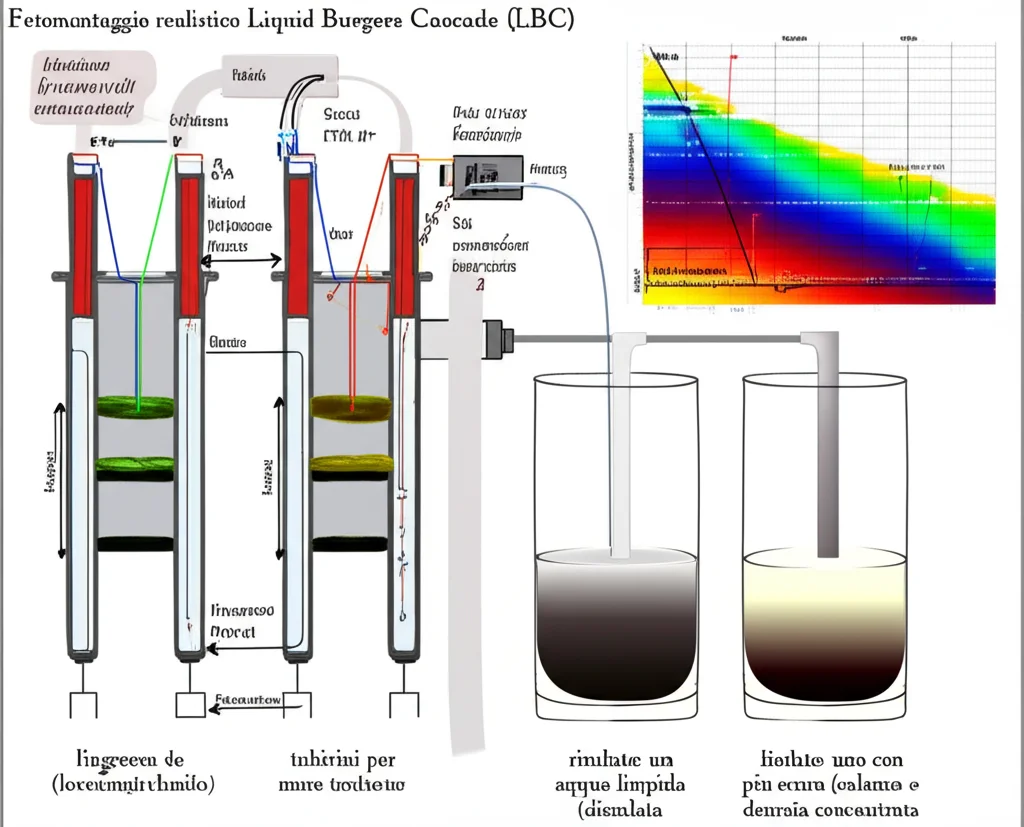 Fotomontaggio realistico di un dispositivo Liquid Burgers Cascade (LBC) da laboratorio. Si vede una struttura compatta fatta di strati metallici (alluminio lucido) e plastici (POM bianco/nero), con tubicini per l'ingresso e le uscite multiple del fluido. Accanto, un bicchiere con acqua di mare torbida (feedwater) e due bicchieri risultato: uno con acqua limpida (dissalata) e uno con acqua più scura e densa (salamoia concentrata). Sullo sfondo, grafici stilizzati mostrano gradienti di temperatura e concentrazione. Obiettivo macro 100mm, alta definizione, illuminazione da studio controllata per enfatizzare i materiali e i liquidi.
