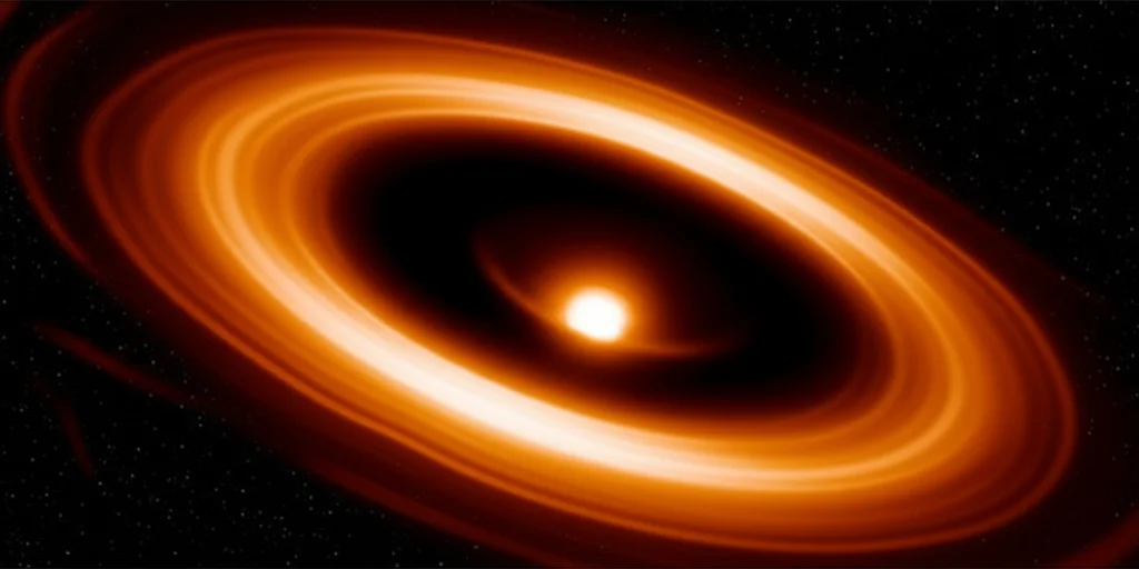 Immagine astronomica fotorealistica di un buco nero rotante supermassiccio simile a M87*, visto dall'Event Horizon Telescope. Si vede l'ombra scura centrale circondata da un anello di fotoni asimmetrico e luminoso, con dettagli del plasma nel disco di accrescimento turbolento. Wide-angle 10mm, long exposure, sharp focus, high detail, controlled lighting.