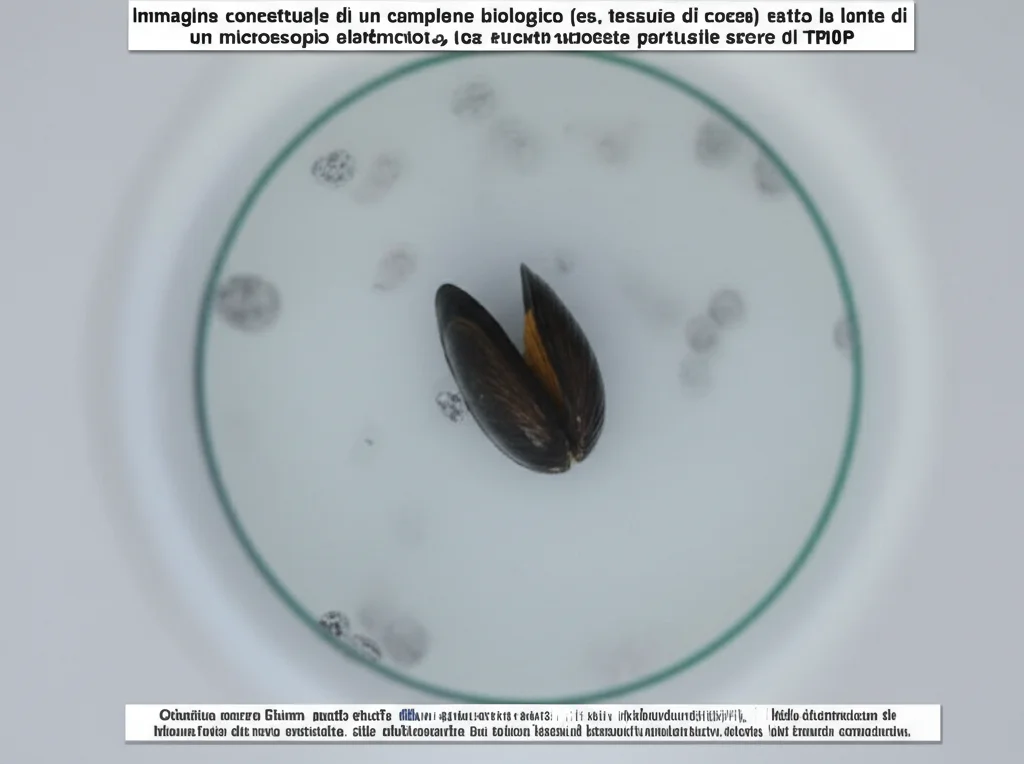 Immagine concettuale di un campione biologico (es. tessuto di cozza) sotto la lente di un microscopio elettronico, con evidenziate particelle scure di TRWP. Obiettivo macro 85mm, profondità di campo ridotta per focalizzare sulle particelle, illuminazione da laboratorio controllata, alta definizione dei dettagli delle particelle e del tessuto circostante.