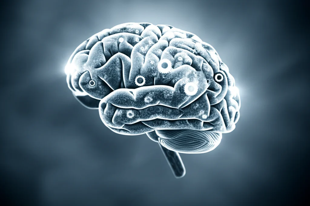 Immagine concettuale di un cervello stilizzato composto da ingranaggi luminosi e interconnessi, che simboleggiano la forza e la flessibilità mentale. Sfondo astratto con tonalità blu e grigie. Prime lens, 35mm, depth of field, duotone blu e grigio.