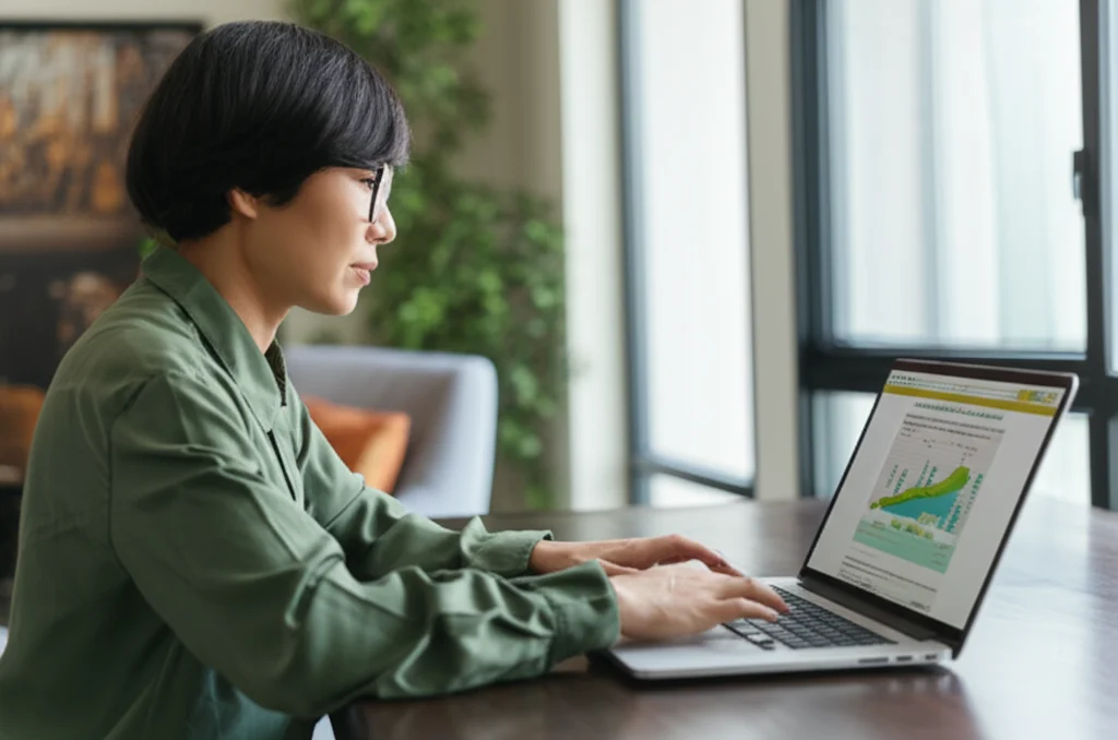 Immagine fotorealistica di un caregiver vietnamita di mezza età che utilizza un laptop seduto a un tavolo in una stanza luminosa. Sullo schermo del laptop è visibile l'interfaccia di un programma educativo web. Il caregiver ha un'espressione concentrata ma calma. Obiettivo prime 50mm, luce naturale morbida proveniente da una finestra laterale, profondità di campo media che mantiene a fuoco sia il caregiver che lo schermo, colori naturali e caldi.