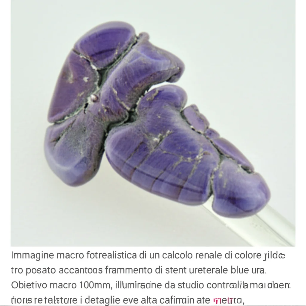Immagine macro fotorealistica di un calcolo renale di colore giallastro posato accanto a un frammento di stent ureterale blu su una superficie neutra. Obiettivo macro 100mm, illuminazione da studio controllata per massimizzare i dettagli e la texture del calcolo, focus estremamente preciso, alta definizione.