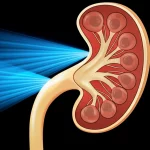 Immagine medica concettuale che mostra onde d'urto focalizzate su calcoli all'interno di un modello stilizzato del pancreas. Utilizzare un obiettivo macro 60mm per dettagli nitidi sui calcoli e sulle onde d'urto rappresentate come energia convergente. Illuminazione drammatica per enfatizzare il processo di frammentazione. High detail, precise focusing.