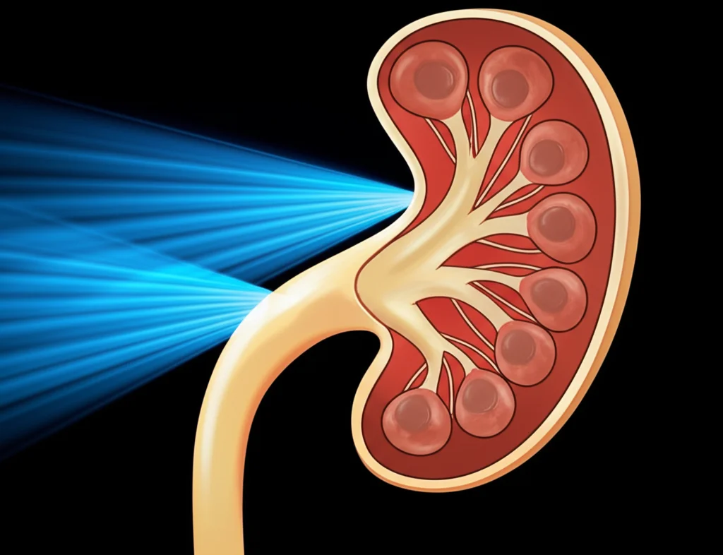 Immagine medica concettuale che mostra onde d'urto focalizzate su calcoli all'interno di un modello stilizzato del pancreas. Utilizzare un obiettivo macro 60mm per dettagli nitidi sui calcoli e sulle onde d'urto rappresentate come energia convergente. Illuminazione drammatica per enfatizzare il processo di frammentazione. High detail, precise focusing.