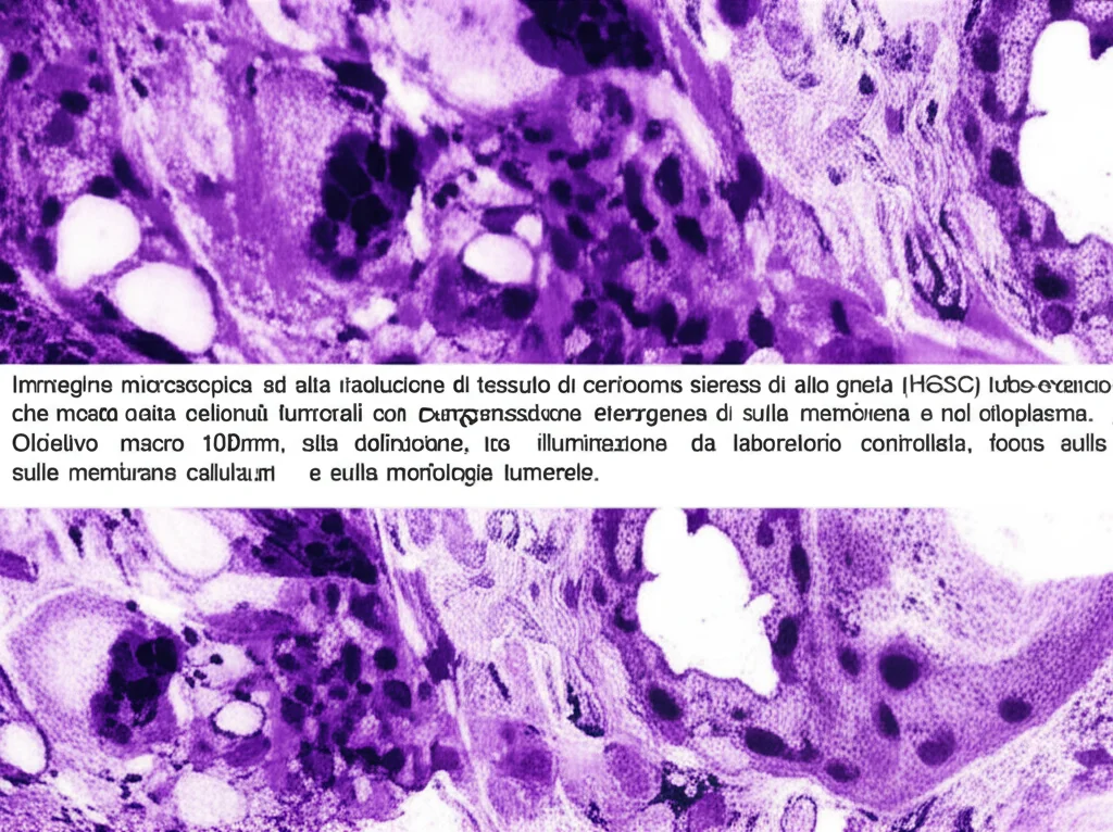 Immagine microscopica ad alta risoluzione di tessuto di carcinoma sieroso di alto grado (HGSC) tubo-ovarico che mostra cellule tumorali con espressione eterogenea di P-caderina sulla membrana e nel citoplasma. Obiettivo macro 100mm, alta definizione, illuminazione da laboratorio controllata, focus sulle membrane cellulari e sulla morfologia tumorale.