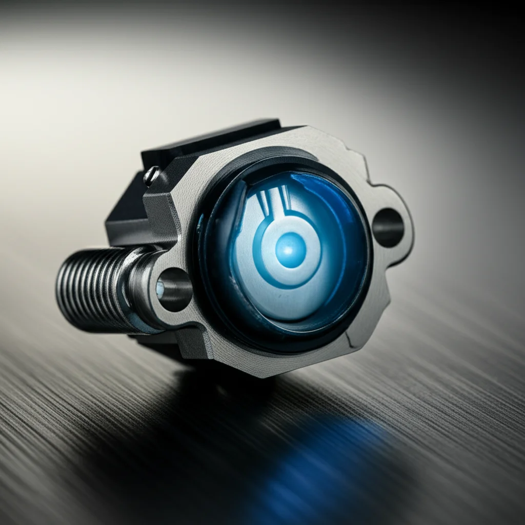 Macro 100mm lens, high detail, precise focusing, controlled lighting, un'immagine artistica di una microelettrovalvola futuristica, magari con un leggero bagliore bluastro che emana dal suo nucleo, simboleggiando l'efficienza energetica e l'innovazione tecnologica nel campo della gestione termica.