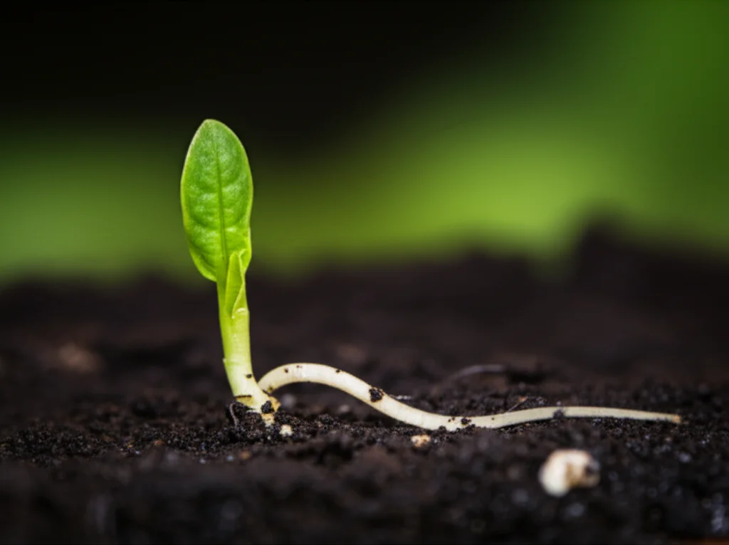 Macro lens shot, 80mm, high detail, precise focusing, controlled lighting on a single Amaranthus viridis sprout with a tiny root emerging, against a dark background.