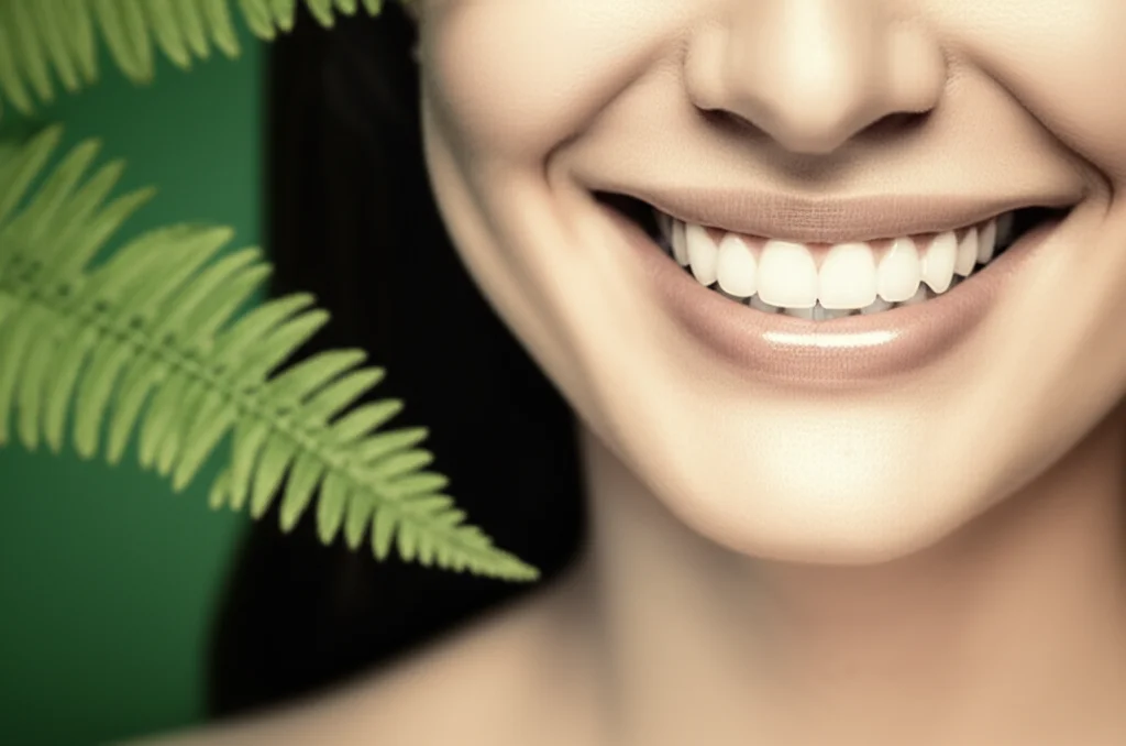 Prime lens, 35mm, un ritratto ravvicinato di una persona sorridente che mostra con sicurezza i suoi impianti dentali sani, con un sottile accenno di elementi naturali verdi come una foglia di felce sfocata sullo sfondo, a simboleggiare l'estratto naturale. Profondità di campo, illuminazione calda e invitante, duotone verde e beige.