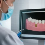 Studio dentistico high-tech, primo piano di un dentista che esamina un modello 3D di un dente con un perno moncone in PEEK su uno schermo, prime lens, 35mm, depth of field, illuminazione da studio controllata, atmosfera futuristica e pulita.
