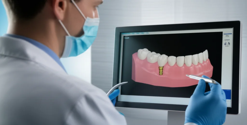 Studio dentistico high-tech, primo piano di un dentista che esamina un modello 3D di un dente con un perno moncone in PEEK su uno schermo, prime lens, 35mm, depth of field, illuminazione da studio controllata, atmosfera futuristica e pulita.