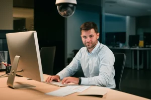 Un dipendente in un ufficio moderno che guarda con soddisfazione un progetto che ha personalizzato sulla sua scrivania, simboleggiando il job crafting. Una telecamera di sorveglianza è visibile ma non invadente sullo sfondo in alto. Obiettivo da 35mm, luce calda e accogliente, profondità di campo per mettere a fuoco il dipendente e il suo lavoro.