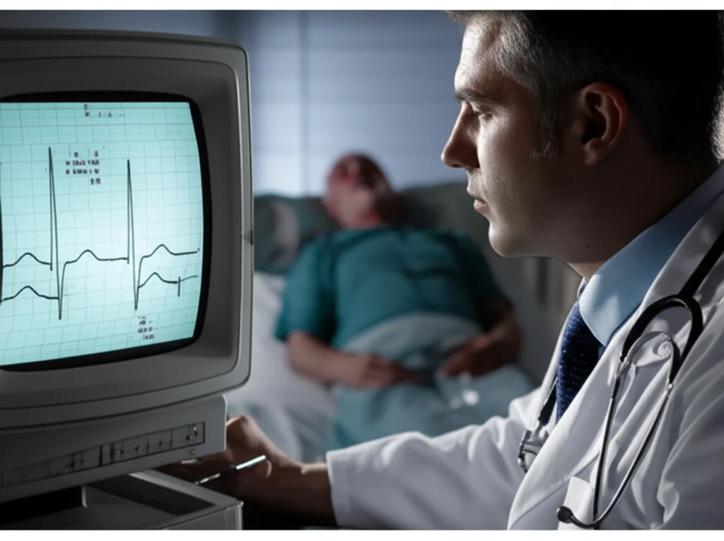 Un medico in un'unità di terapia intensiva che osserva attentamente un monitor cardiaco visualizzante un tracciato ECG di fibrillazione atriale, con un paziente settico sullo sfondo, sfocato per mantenere il focus sul monitor e sul medico. Obiettivo prime 35mm, profondità di campo, illuminazione drammatica laterale, stile film noir.