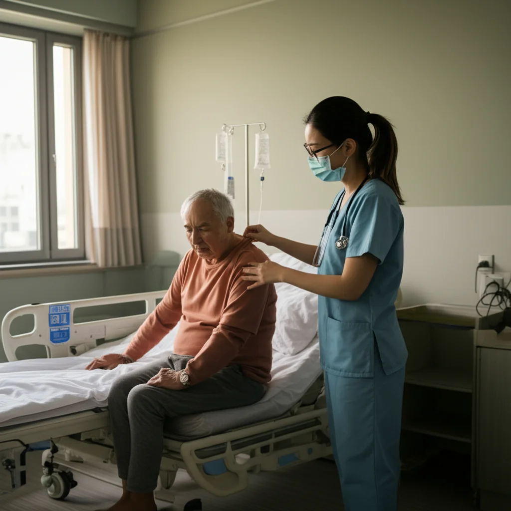 Un moderno ospedale cinese con medici e infermieri che assistono un paziente anziano in una luminosa stanza di riabilitazione. Prime lens, 35mm, depth of field, colori caldi e accoglienti.