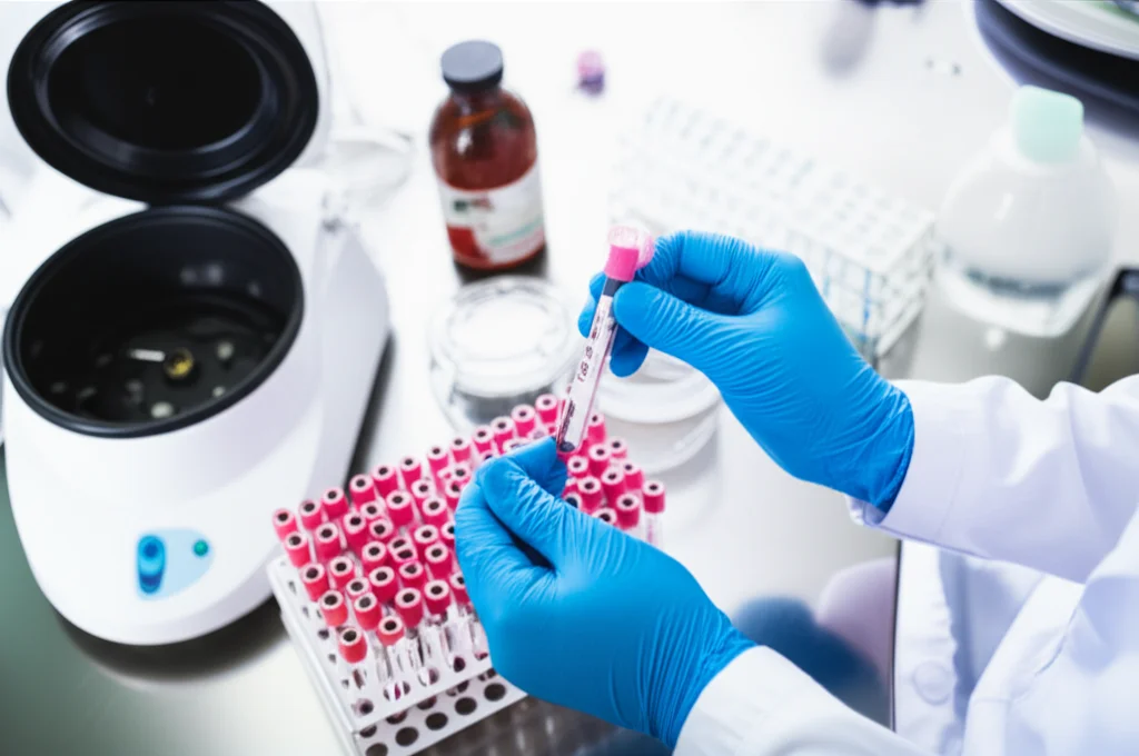 Un veterinario in un laboratorio moderno analizza campioni di sangue canino per la preparazione di PRP, con provette e una centrifuga visibili sullo sfondo. Macro lens, 60mm, high detail, controlled lighting, atmosfera professionale e pulita.