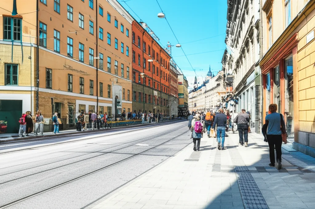 Una mappa stilizzata della Svezia con evidenziate le aree urbane di Stoccolma, Göteborg e Malmö, sovrapposta a un'immagine di una strada cittadina vivace e percorribile a piedi. Prime lens, 35mm, colori vivaci ma naturali, focus sulla facilità di movimento e sull'accessibilità dei servizi.