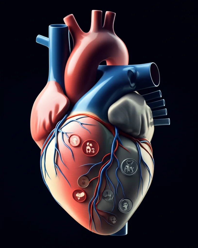 Un'immagine concettuale che mostra un cuore umano anatomicamente corretto, diviso a metà verticalmente. Una metà brilla di colori caldi e vibranti (rossi, arancioni) simboleggiando la salute cardiovascolare ottimale grazie a Life's Essential 8, con piccole icone stilizzate degli 8 fattori incastonate. L'altra metà è rappresentata con colori più freddi e spenti (blu, grigi) a indicare un rischio maggiore. L'illuminazione è drammatica, quasi da film noir, con un fascio di luce che colpisce la parte sana. Un obiettivo macro da 100mm cattura dettagli intensi della texture del cuore, su uno sfondo scuro e indefinito per massimizzare il contrasto.